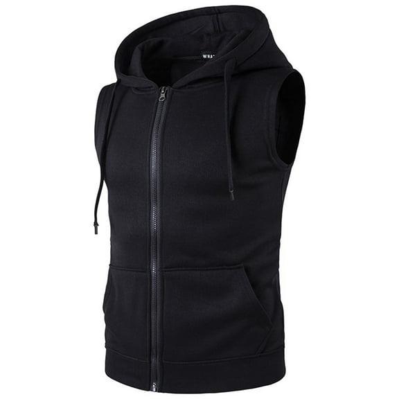 Men's Sleeveless Zipper Hoodie - Casual Sports Vest with Pockets, Polyester, for Spring/Summer - Solid Color
