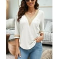 thumbnail image 2 of Women's Casual 3/4 Sleeve Shirts Lace V Neck Color Block Dressy Tops Trendy Hollow Floral Blouses T Shirts S-XXL, 2 of 13