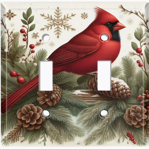 Metal Light Switch Wall Plate Outlet Cover (Printed Image of Red Cardinal on Pine Tree - Double Toggle)