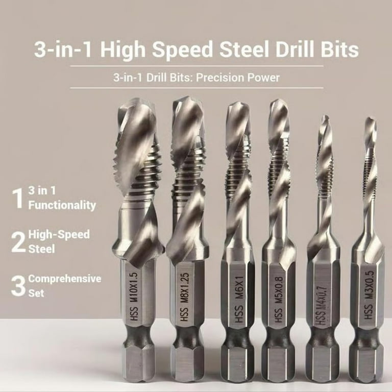 3 in 1 Spiral Tap Hex Shank Drill Bit Set, Metric SAE Combination Threading Tools Kit, Hss Screw Tap Die Adapter for Metal, Quick Change Impact Driver Socket, Professional Repair（gold,short）