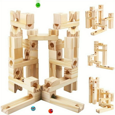 60Pcs Marble Run, Wooden Marble Run for Kids 4-8, 3-5, Marble Track, Marble Maze, Wood Building Blocks Construction Play Set, Educational Puzzle Kit, STEM Learning Toys Gifts for Boys Girls