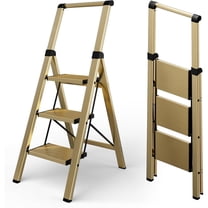 3 Step Ladder, Portable Folding Ladder with Wide Pedal, Lightweight Aluminum Step Stool with Convenient Handgrip, 330 lbs Capacity Stepladder for Home, Office - Gold