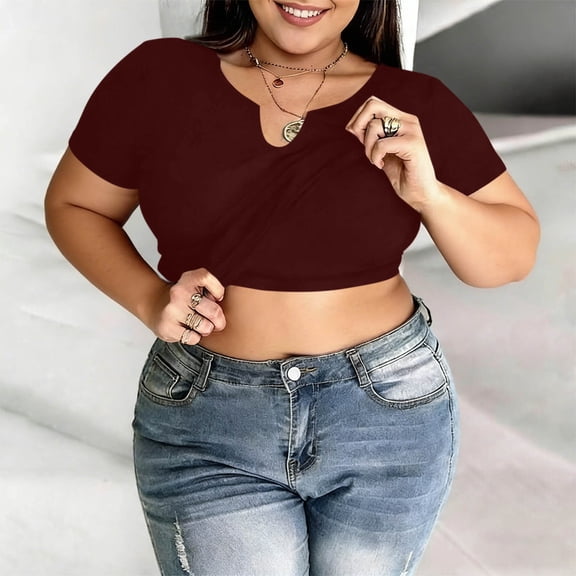 CLOISE Womens Short Sleeve Tops Casual Plus Size Built in Bra Shirts Crewneck Pullover Solid Color Summer Blouses Wine
