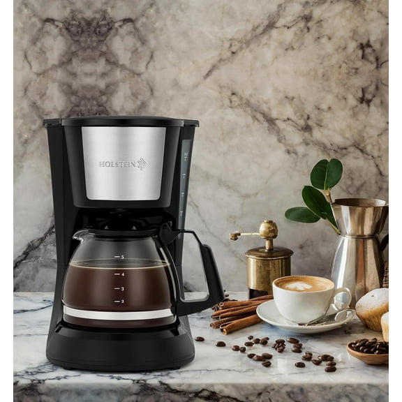 5 Cup Drip Coffee Maker with Permanent Filter, Borosilicate Glass Carafe, Auto Pause/Serve and Warm Functions - Black
