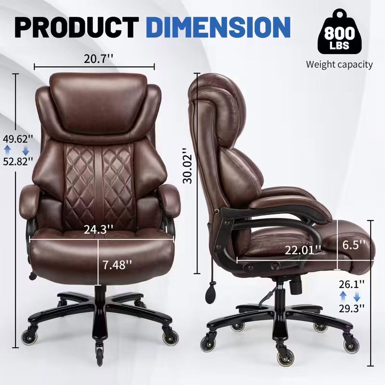Qusaphy 800LBS Big and Tall Executive Office Chair, PU Leather Ergonomic Desk Chair with Adjustable Backrest and Thick Padded Cushion, Heavy Duty Chair for Home or Office Brown