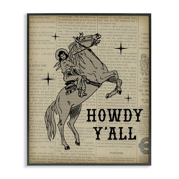 Stupell Industries Howdy Y'all Vintage Newspaper Animals Painting Black Framed Art Print Wall Art, 11 x 14