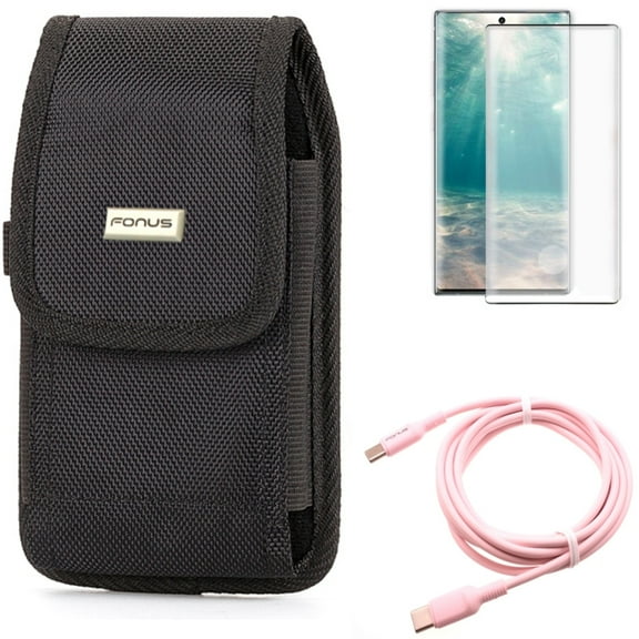 Case Belt Clip & Screen Protector & Pink 10ft Long Cable for Samsung Galaxy Note 20 (6.7") - Combo with Rugged Holster & Tempered Glass (Fingerprint Unlock) & USB-C to Type-C PD Fast Charger