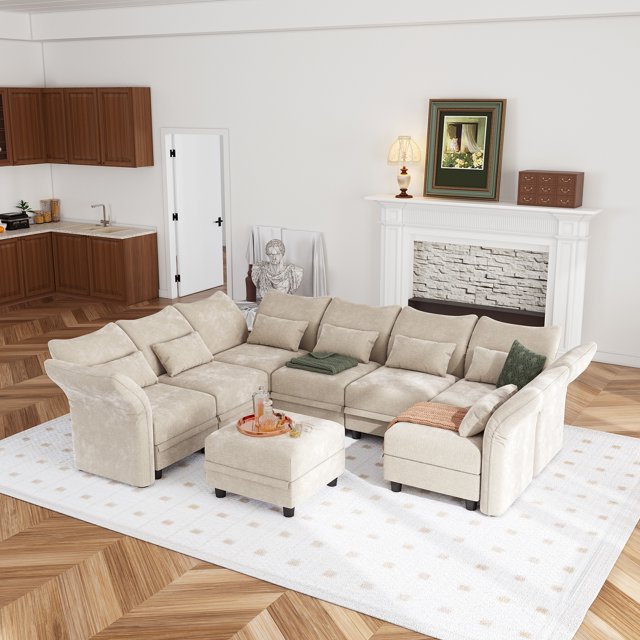 LLappuil Modular Sectional Sofa, 8 Seat Modular Sectional Sofa with Storage, 25.6" Deep Seat Chenille Sofa Couch for Living Room Khaki