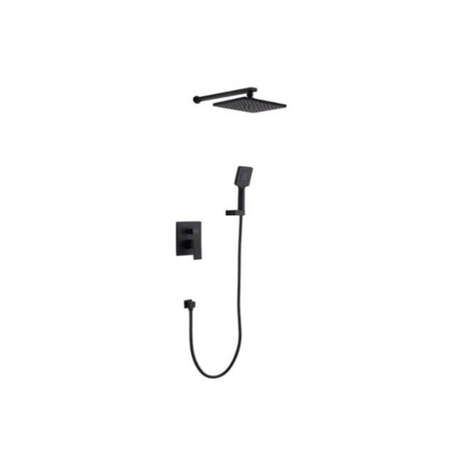 DROP Bath and Kitchen DR091031 Square Wall Mount Shower Set in black featuring a square overhead rain shower head, a square hand shower with a 1.5 m stainless steel hose, and a wall-mounted brass control valve with a matte black finish.