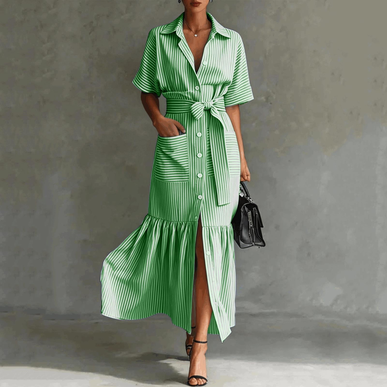 Jane Wardrobe Women's Casual Striped Short Sleeve Shirt Dress Loose Fit Midi Length Ruffled Hem Belted Waist With Pockets For Daily Brunch 1 Pc Sizes S M L XL XXL Pink Purple Blue Black Green Khaki