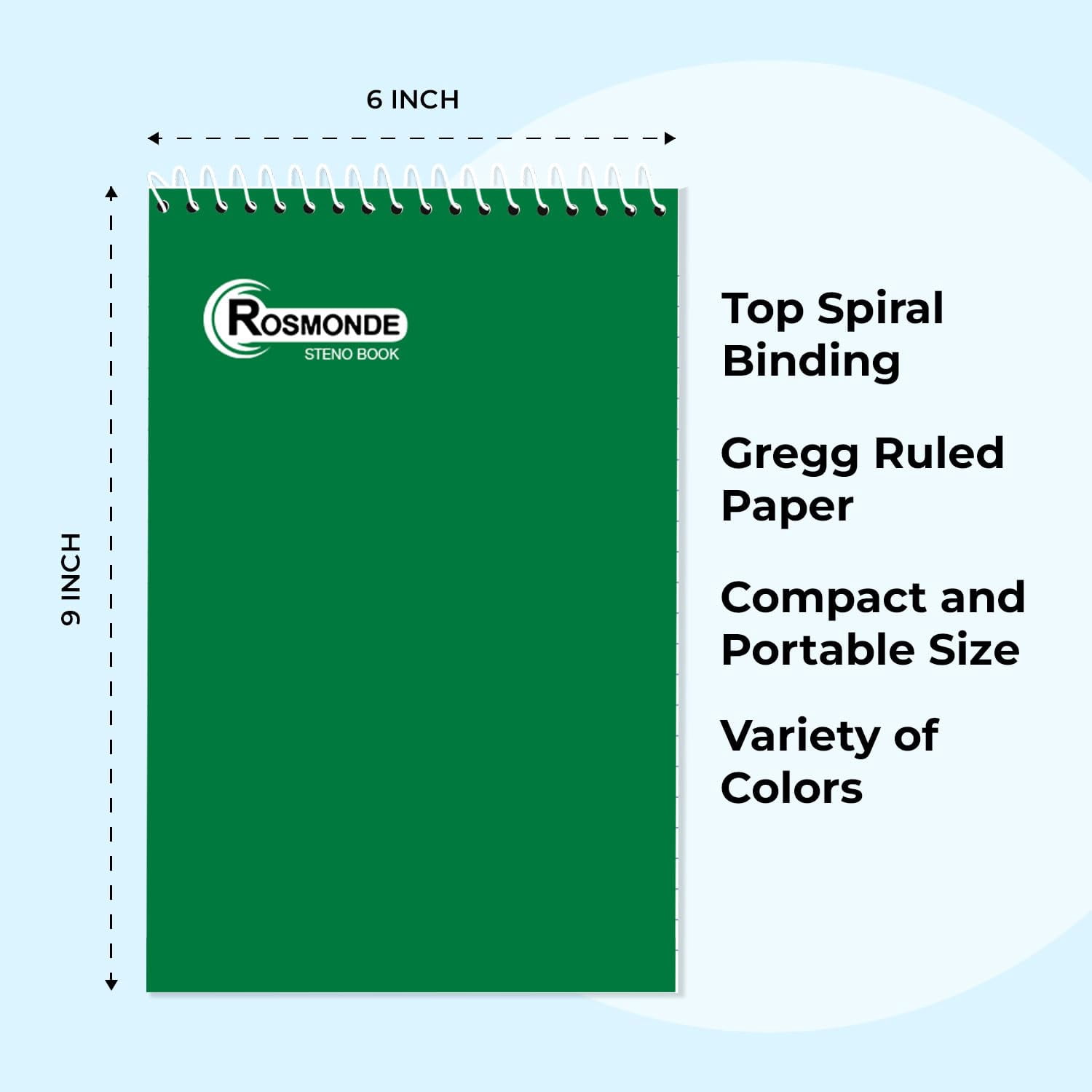 Rosmonde Spiral Steno Pads 48 Pack, 6 x 9 in, Gregg Ruled, 80 Sheets (160 Pages), Top Spiral Notebook, Assorted Covers, Bulk Steno Notebooks for Office, School & College Use