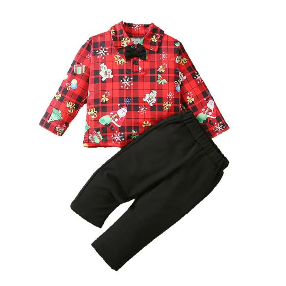 XEGLSBU Toddler Boy Christmas Outfit 4T Boys Party Plaid Print Dress Shirt with Bow Tie and Pants Festive Snowflake Snowman Outfit for Gatherings and Family Photos Red Size 5-6 Years