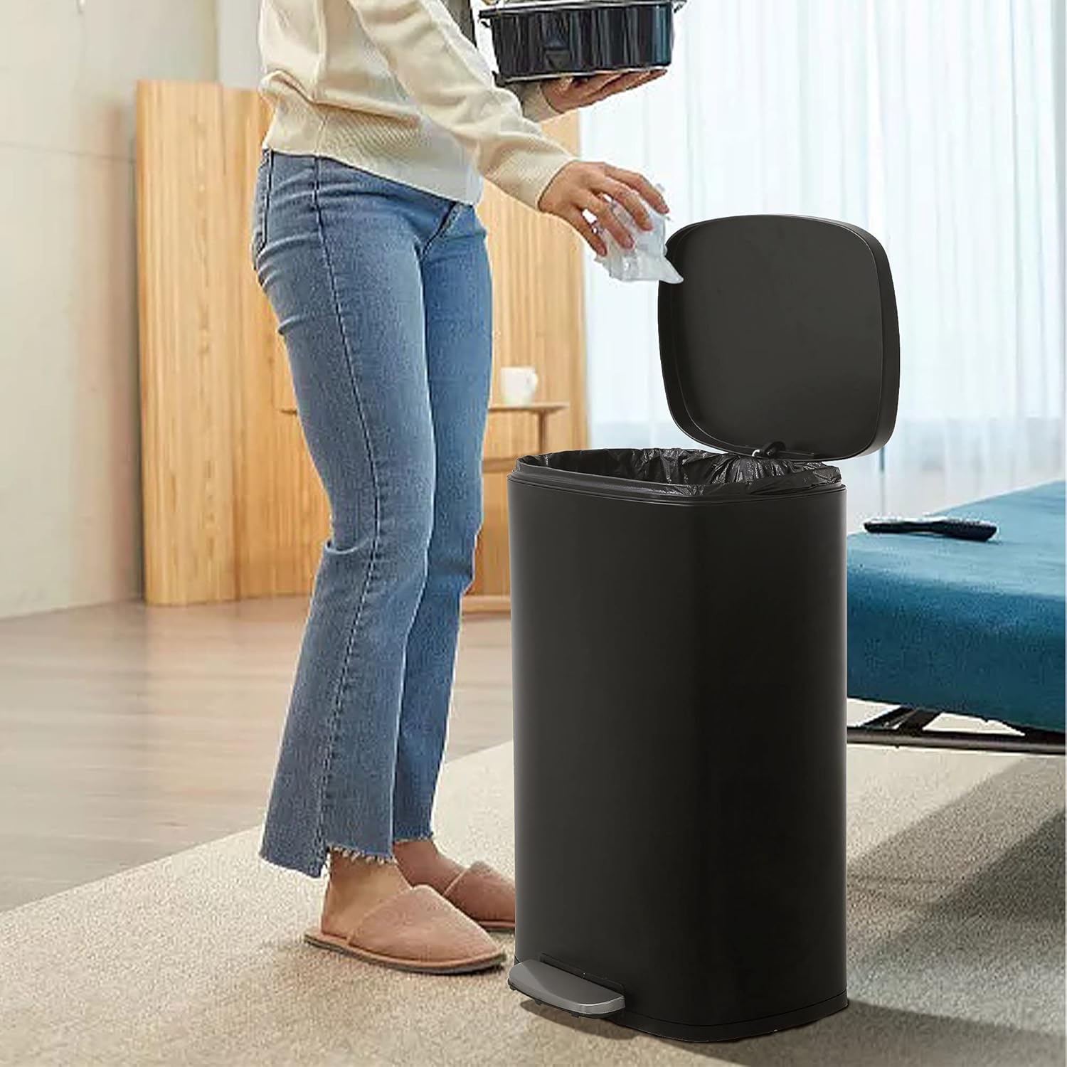 13 Gallon Trash Can Kitchen Trash Can Soft Close Lid Garbage Can with Lid Stainless Steel Trash Bin Hands-Free Footed Garbage Bin for Kitchen Bathroom Wateproof Trashcan, Black