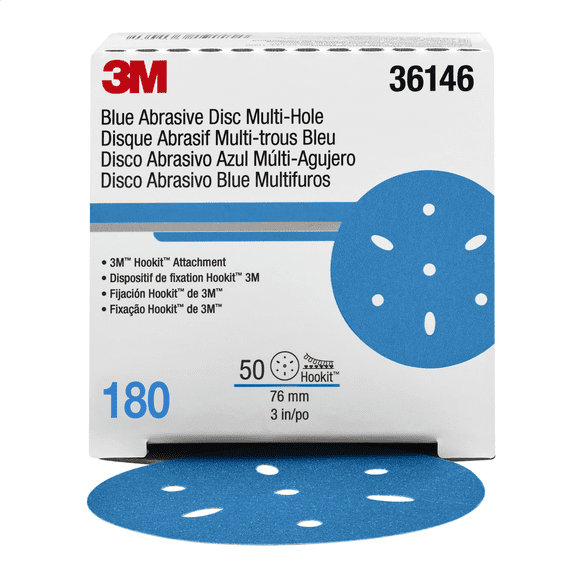 3M Hookit Blue Abrasive Disc 321U, 36146, 3 in, 180, Multi-hole