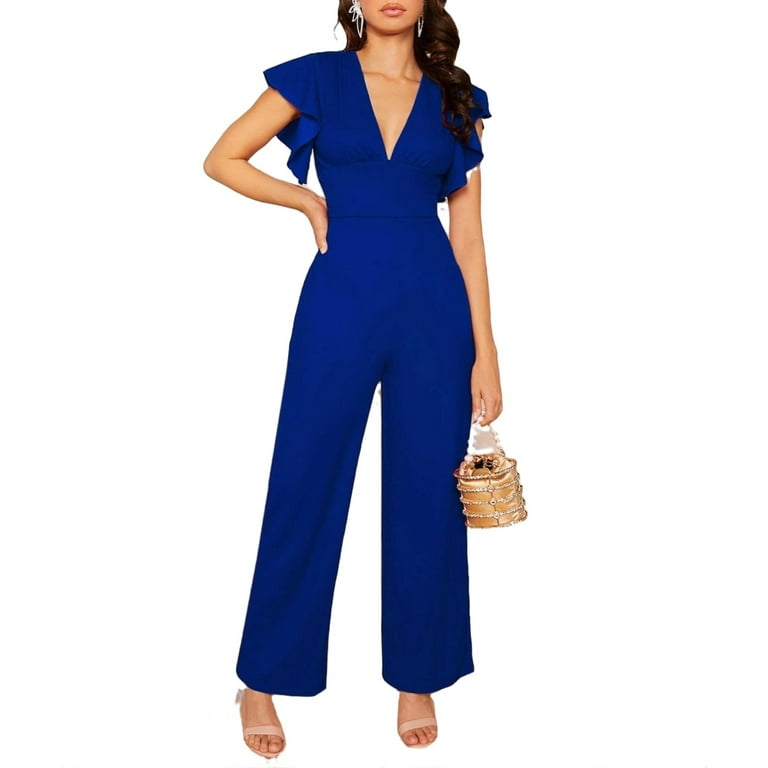 Deep V Pocket Plain Wide-Leg Jumpsuit Deep V Pocket Plain Wide-Leg Jumpsuit