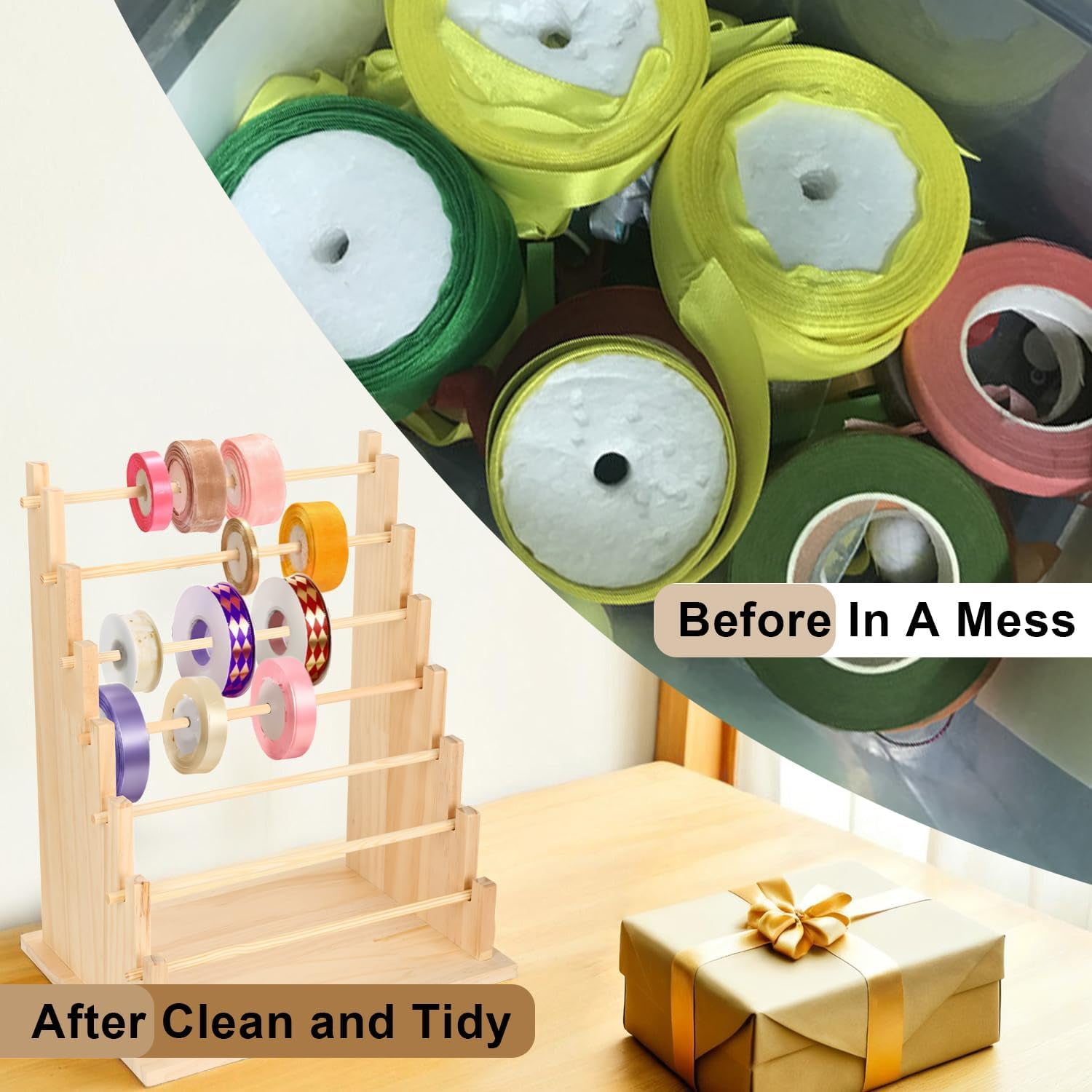 Wooden Ribbon Organizer Rack,Large Capacity Ribbon Holder, Ribbon Spool Holder Stand, Washi Tape Storage Organizer, Wooden Sewing Organizer Display Shelf for Craft Room,Cake Shop(7 Tier)