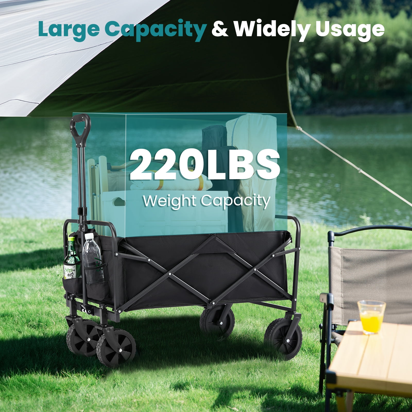 GIANNA Portable Shopping Wagon Cart, Large Capacity Utility Cart with Drink Holders, Foldable, Middle, Black