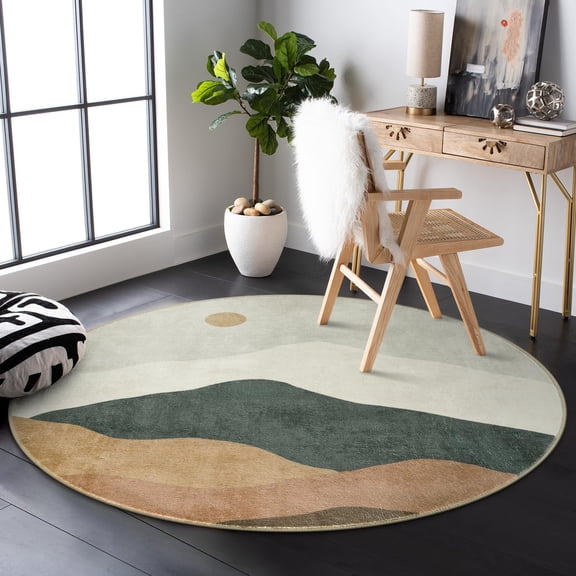4ft Abstract Round Rug,Soft Washable Non-Slip Sun and Mountain Circle Kids Room Rugs,Chic Faux Wool Low-Pile Circular Throw Rugs for Entryway/Bedroom/Nursery/Living Room/Bathroom(Grey)