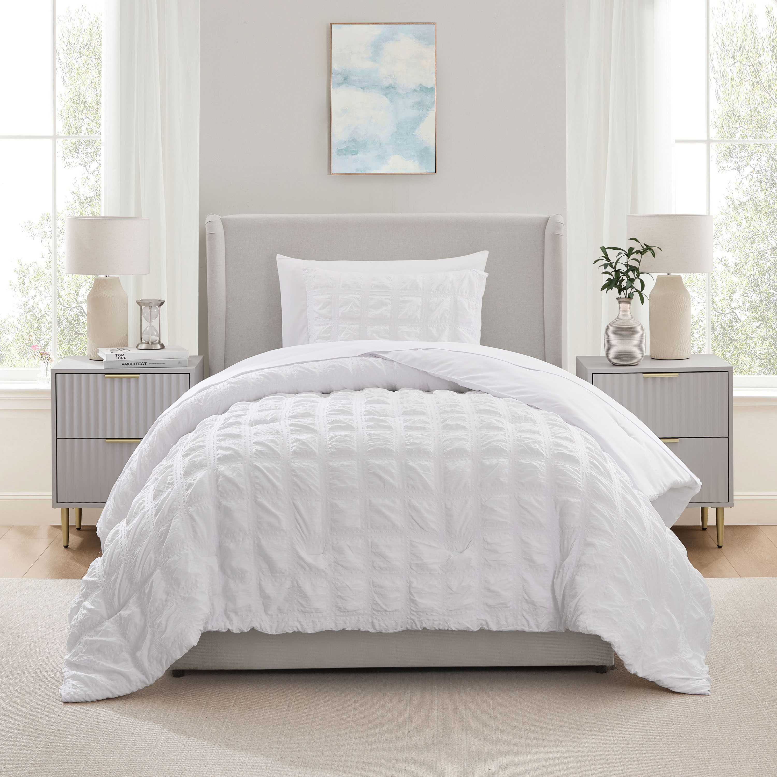 LammaLoe Twin Comforter Sets, 7 Piece Seersucker Bed in a Bag, Bedding Comforter Set with Sheets, Modern Bed Set, White