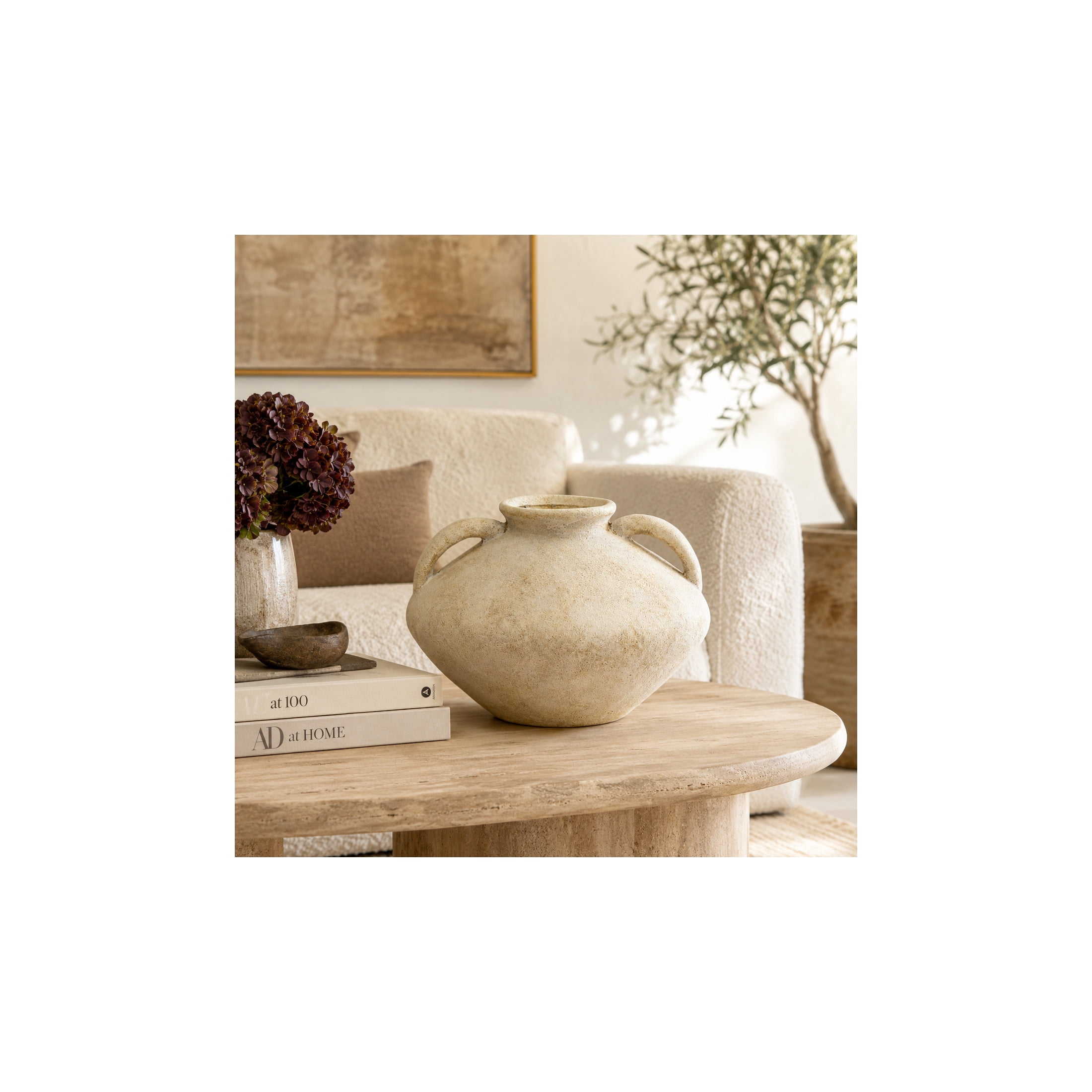 DecMode 7" Antique Style Washed Cream Ceramic Vase with Handles