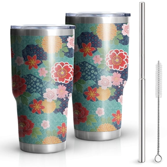 30oz Pioneer Flower Floral Print Pattern Tumbler, Double Wall Vacuum Insulated Cup, BPA-Free Leak Proof Lid & Reusable Straws, Hot 12h, Cold 34h