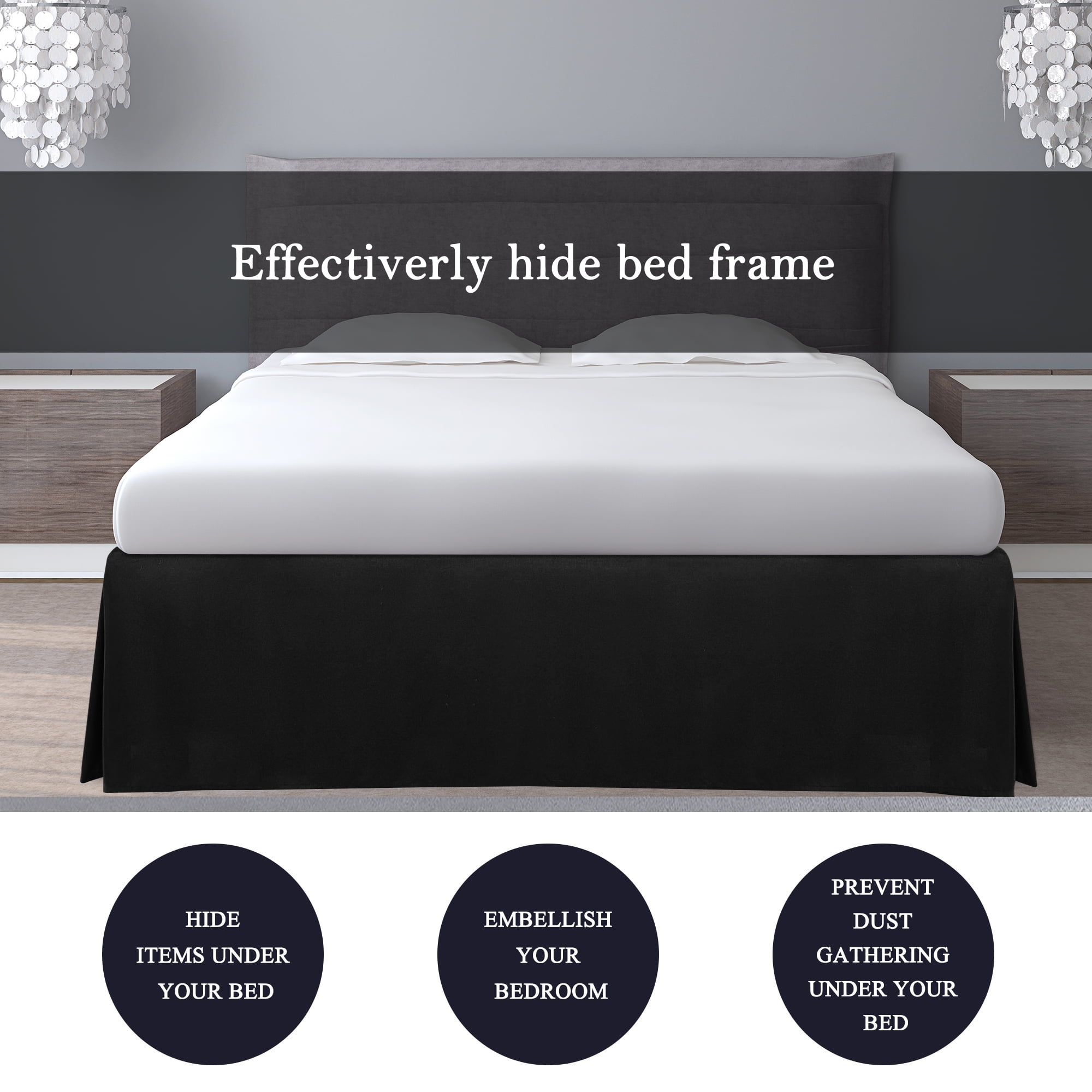 PiccoCasa Pleated Bed Skirt Classic Tailored Styling Dust Ruffled 14" Drop, Queen Black