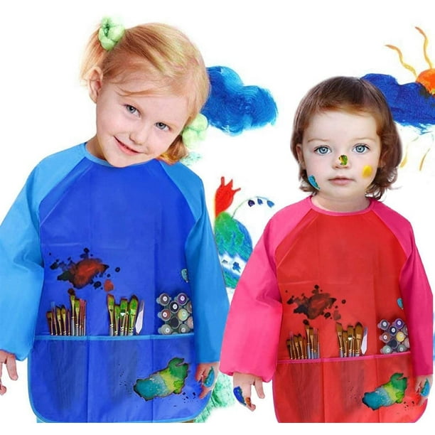 Tablier de peinture enfant lot de 2 Robe de peinture enfant imperméable 3-7  ans fille/garçon tablier artisanal avec manches et 3 poches 