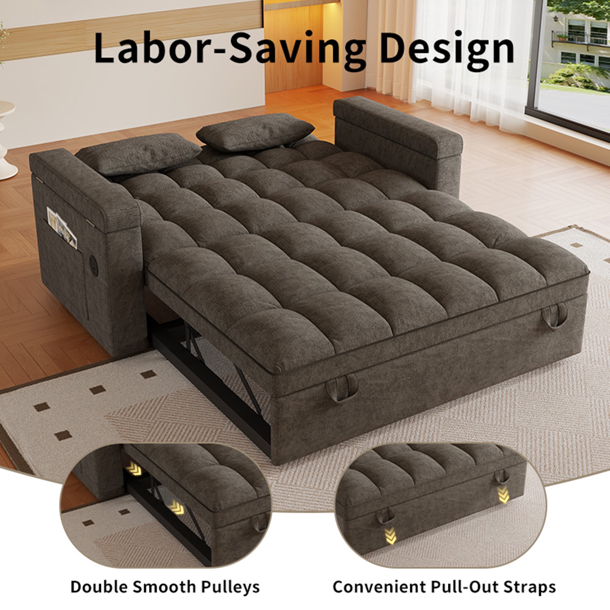 LITVZ 3 in 1 Convertible Sleeper Sofa, 65in Sleeper Couch with Pull Out Bed, Oversized Loveseat Futon Sofa Hide-A-Bed w/Adjustable Backrest, Storage Armrests and Laptop Table for Living Room