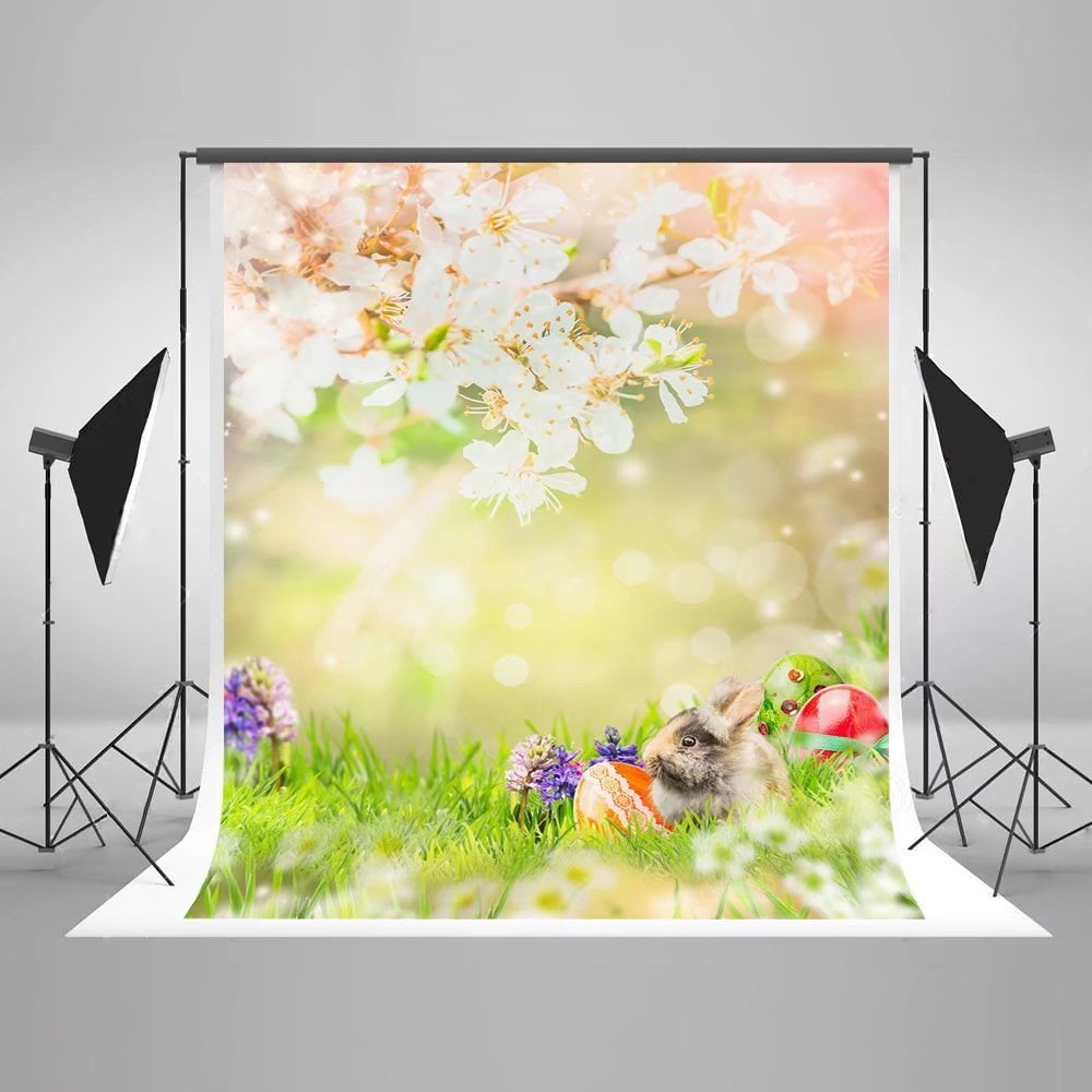 GreenDecor Polyster 5x7ft Easter Photo Backdrop for Photography White Flowers Rabbit Grass Background for Parties Photo Booth Backdrop