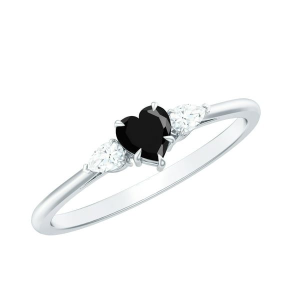 Rosec Jewels Lab Created Black and White Diamond 3 Stone Ring - Heart Promise Ring for Women - AAAA Quality - Ready to Gift, 925 Sterling Silver, US 4.00
