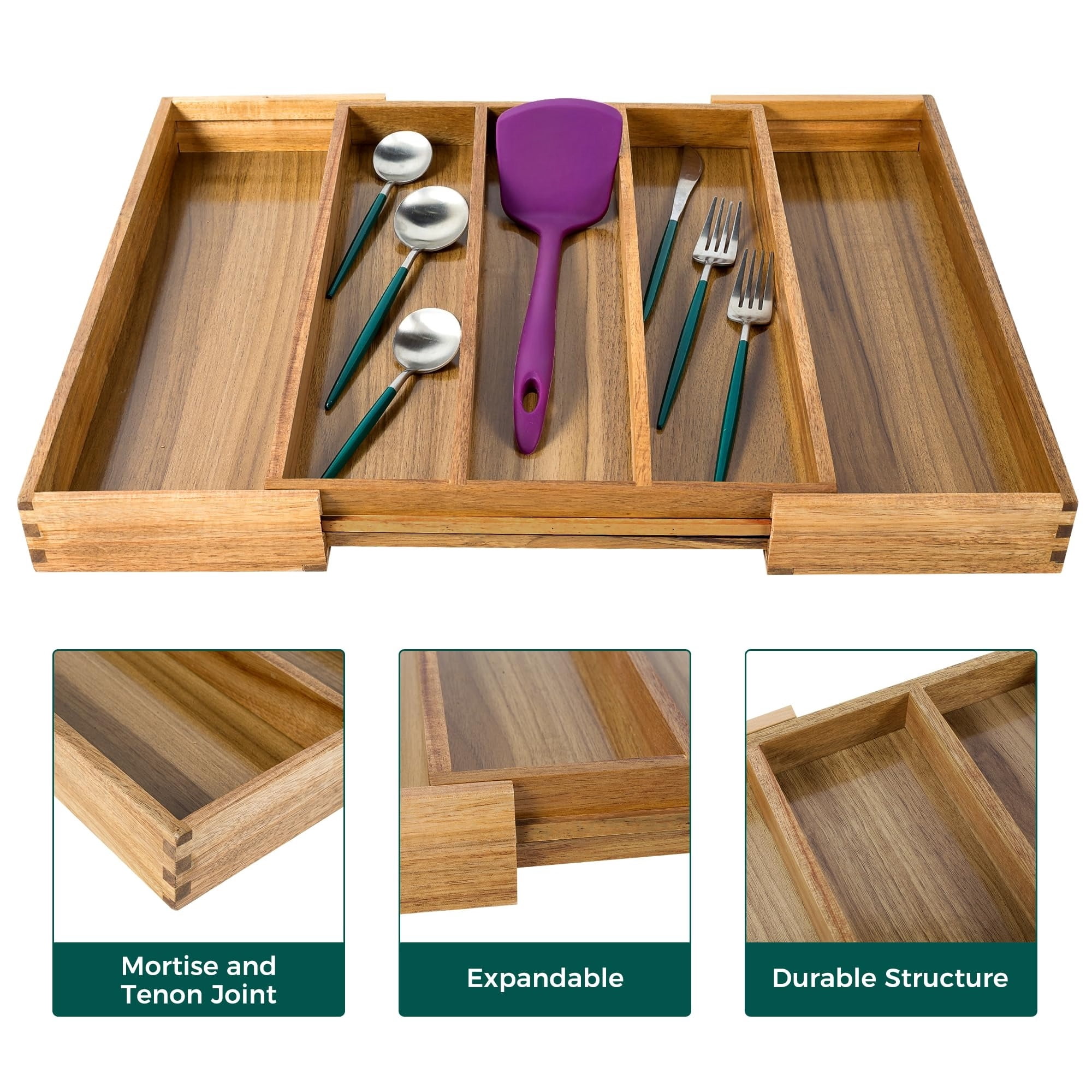 Bamboo Expandable Kitchen Drawer Organizer, Adjustable Utensil Holder and Cutlery Tray Organiser, Drawer Divider for Silverware, Flatware, Knives in Kitchen, Bedroom, Living Room, 5 Slot