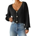 thumbnail image 2 of Women'S Long Sleeve V-Neck Button Down Rib Knit Cropped Cardigan Sweater Black M, 2 of 9