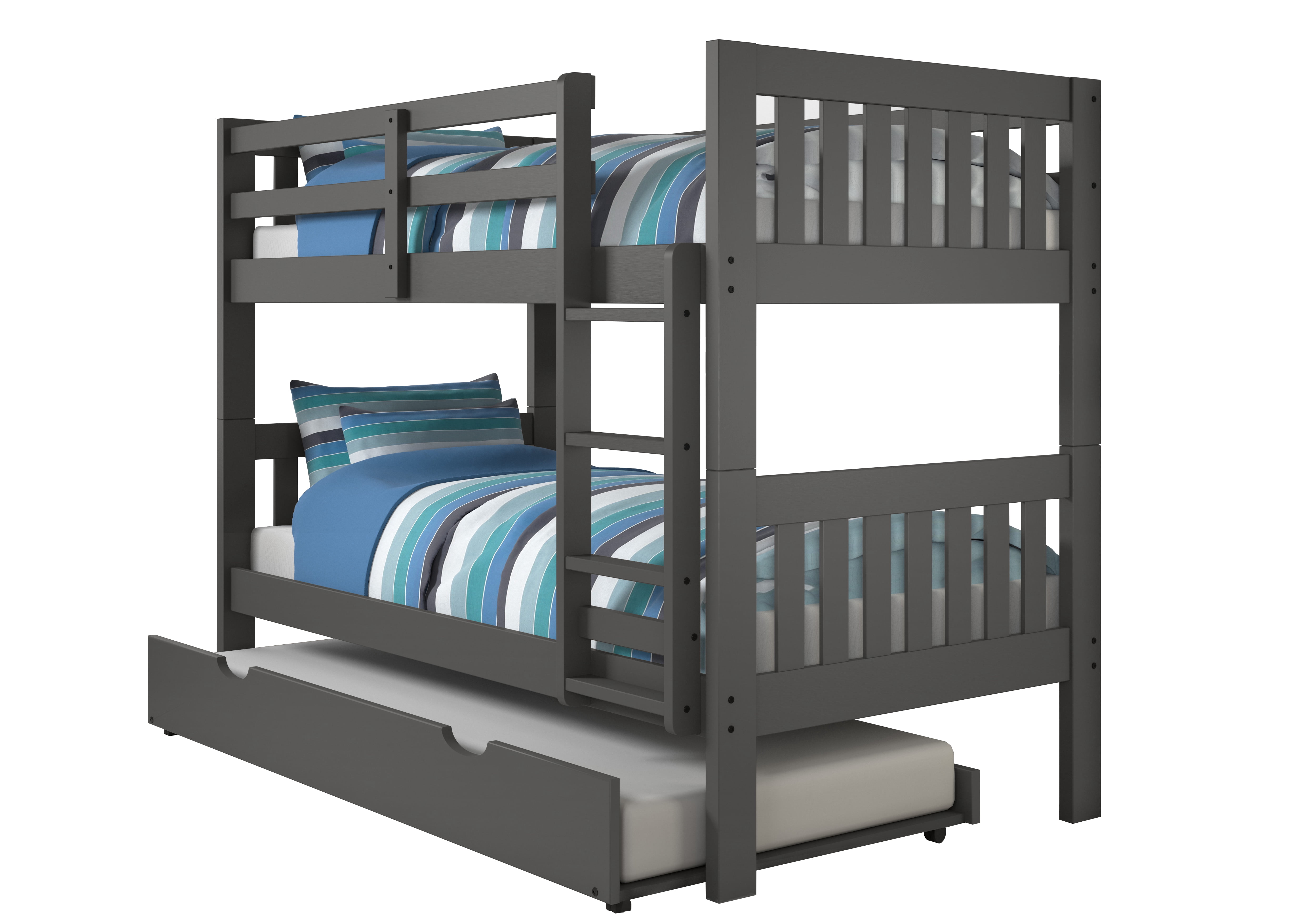 Donco Kids Twin over Twin Mission Bunk Bed with Pullout Twin Trundle, Dark Grey