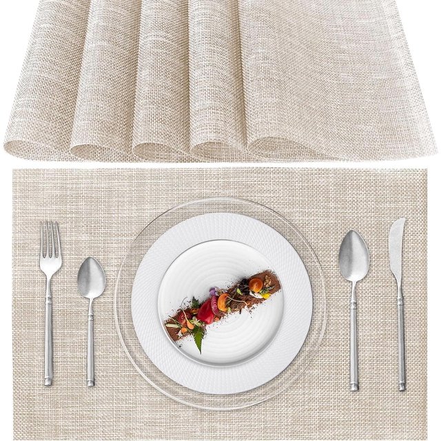 (beige) Manteles individuales lavables, juego de 6 manteles individuales de plástico PVC, resistentes al calor, antideslizantes, para mesa de comedor de cocina