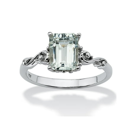 Scroll Cut Out Ring 1.40 TCW Emerald-Cut Genuine Aquamarine Platinum over Sterling Silver Scrolling Shank Ring ()