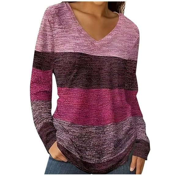 Women's Long Sleeve T Shirts V Neck Casual Tunic Tops Loose Fit Shirts Color Block Comfy Pullover Top (S, Purple)