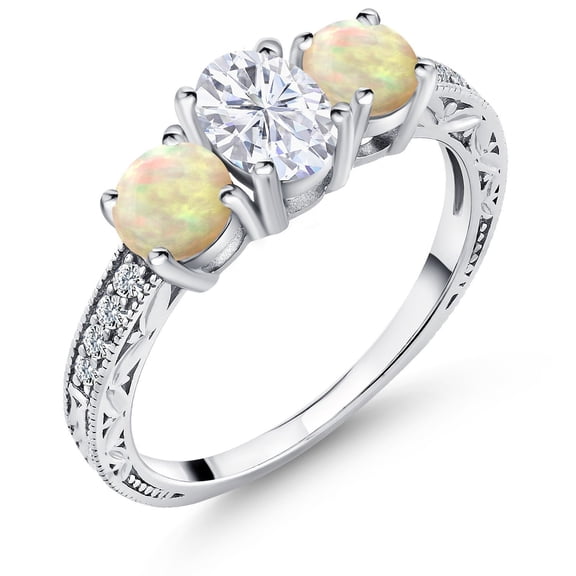 Gem Stone King 925 Sterling Silver White Ethiopian Opal Ring Set with Oval Moissanite (1.62 Cttw) (Size 8)
