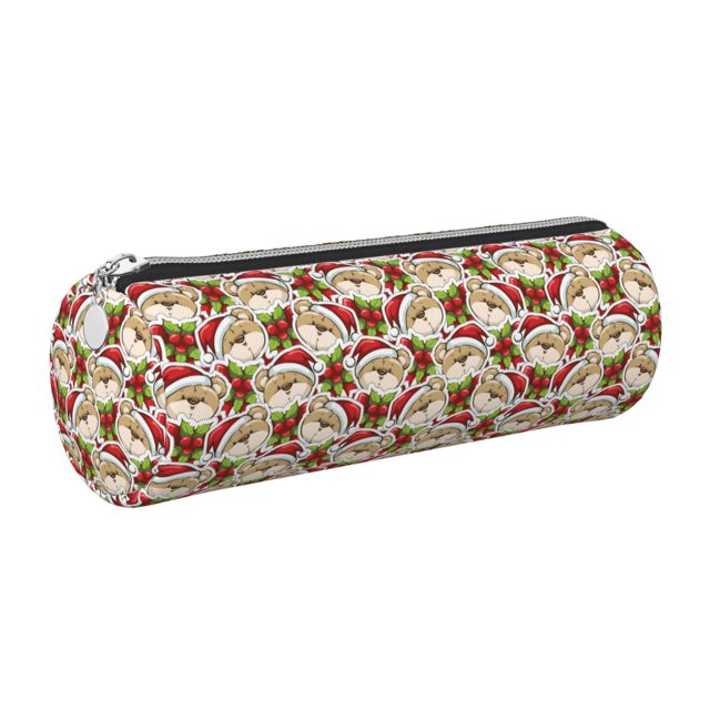 Disketp Christmas Hat bear Estuche Organizador de Lápices de Cuero, Estuche de Oficina con Cremallera para Bolígrafo y Lápiz