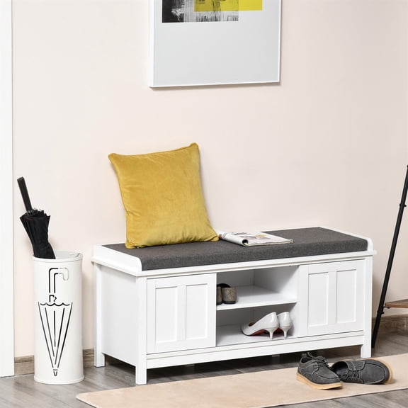 Demi Bonn 44" Entryway Shoe Bench Storage Ottoman with Sliding Doors, Adjustable Shelving, 6 Compartments, and Padded Seat, Holds 10 Pairs, White