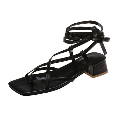 

Womens Sandals Ladies Fashion Summer Solid Color Leather Flip On Cross Strap Thick High Heels Sandals Women S Sandals Pu Black 37