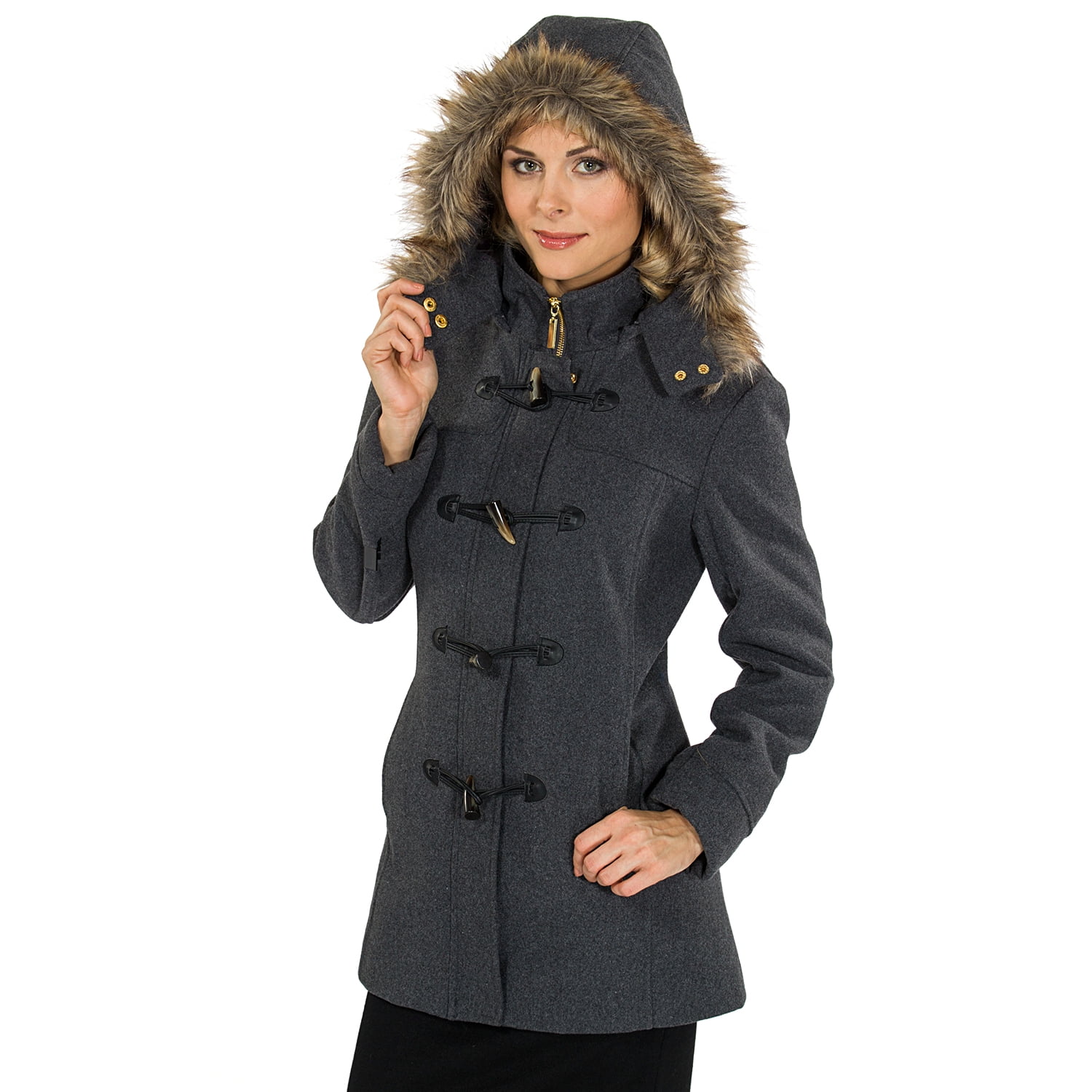Alpine Swiss Duffy Women's Hooded Parka Fur Trim Wool Coat Toggle Button Jacket by