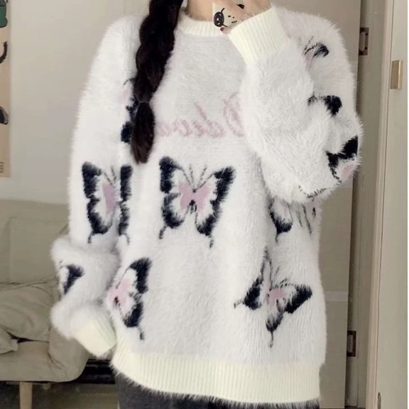 2000s Aesthetic Kawaii Butterfly Pullover Sweater For Female Winter New Korean Style Harajuku Oversize Knitwear Fashion Tops Yk2