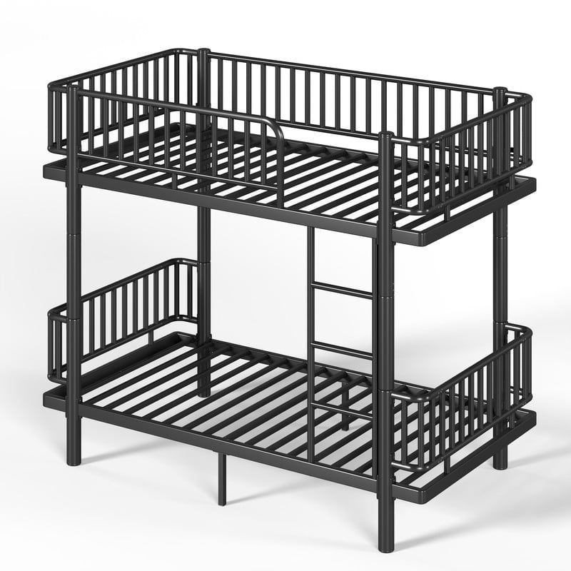 Twin-over-Twin Teens Bunk Bed Can Transformed into 2 Platform Beds, Metal Kids Bed Frame with Round-Pipe, Ladder & Guardrails