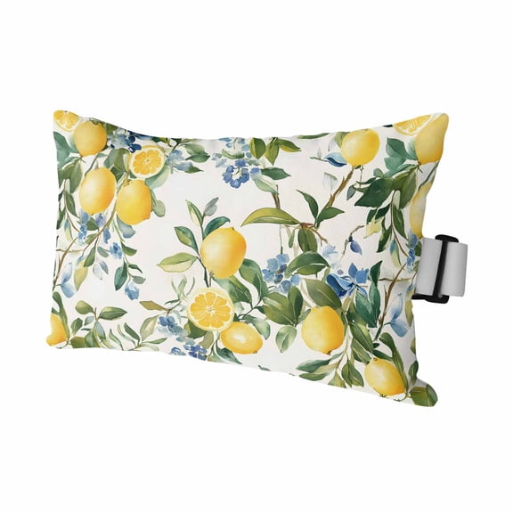 1 Pack Outdoor Waterproof Throw Pillows for Head,Vintage Summer Lemon Tree Cushion Cases with Insert&Straps Neck Pillows for Patio Chaise Lounge Recliner Chair,Spring Blue Flower Leaves