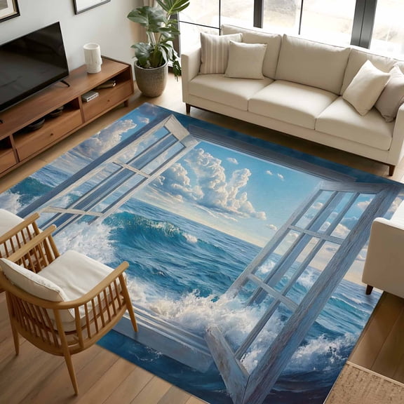 8x10 Area Rugs Coastal Non-Skid Rubber Backing Large Rectangle Rugs - Living Room Bedroom Home Office, Window Nautical Beach Blue Seaside Indoor Floor Mat Carpets Washable Rug