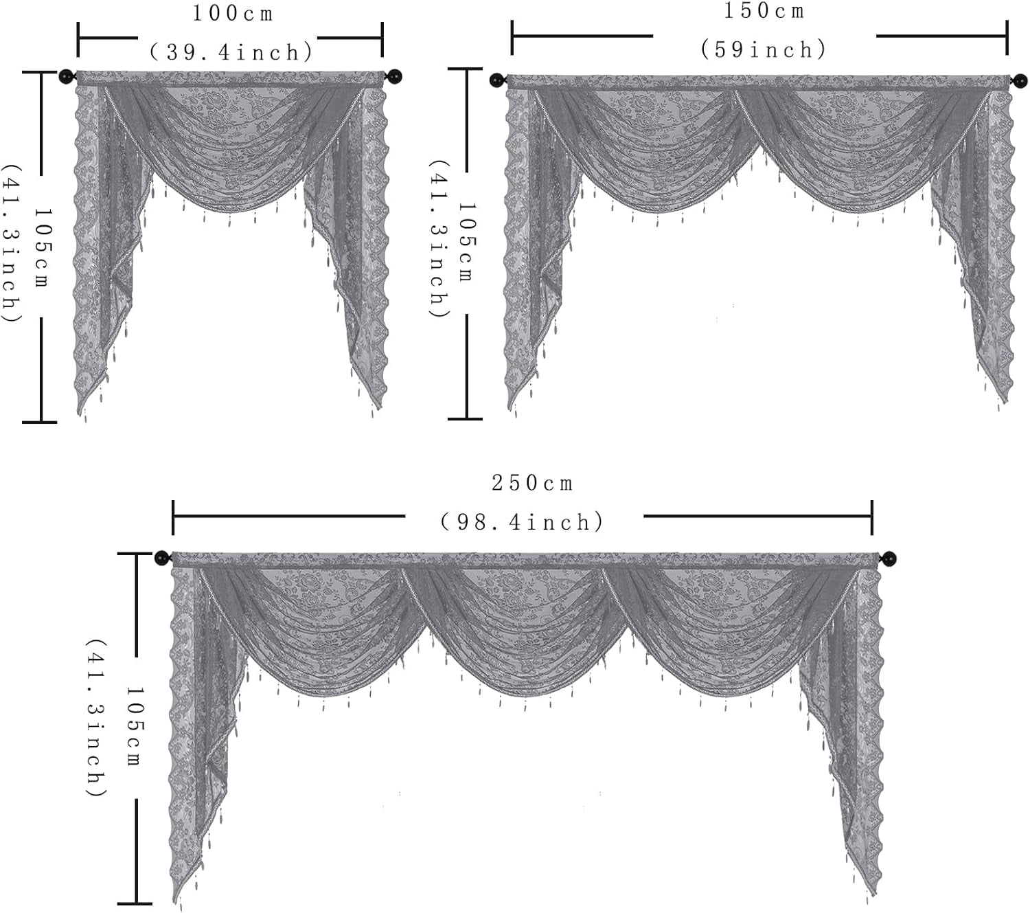 XmhyTop-A Grey Window Valance 250x105cm, 1 Piece Bead Tassels Floral Semi Sheer Rod Pocket Valance Curtains, Decorative Lace Valance for Home