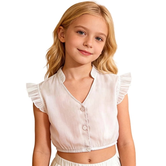 THDHVS Girls Shirts,Lace Flower Hollow Out Ruffle Trim Short Sleeve Crop Top Oktoberfest Wear for Girls,Girls Tops White 9-10 Years