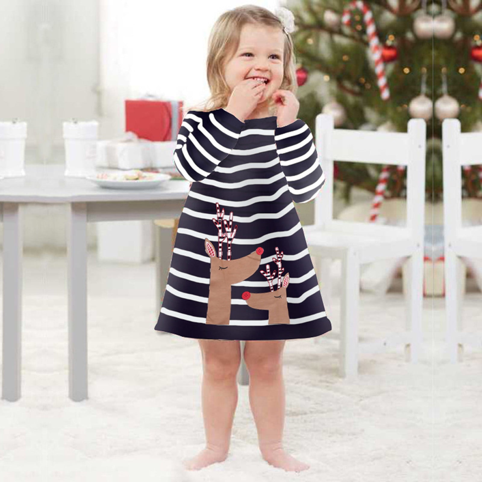 Animal Print Casual Girl Dress Long Sleeve Stripe Dresses Children Wear Clothing 