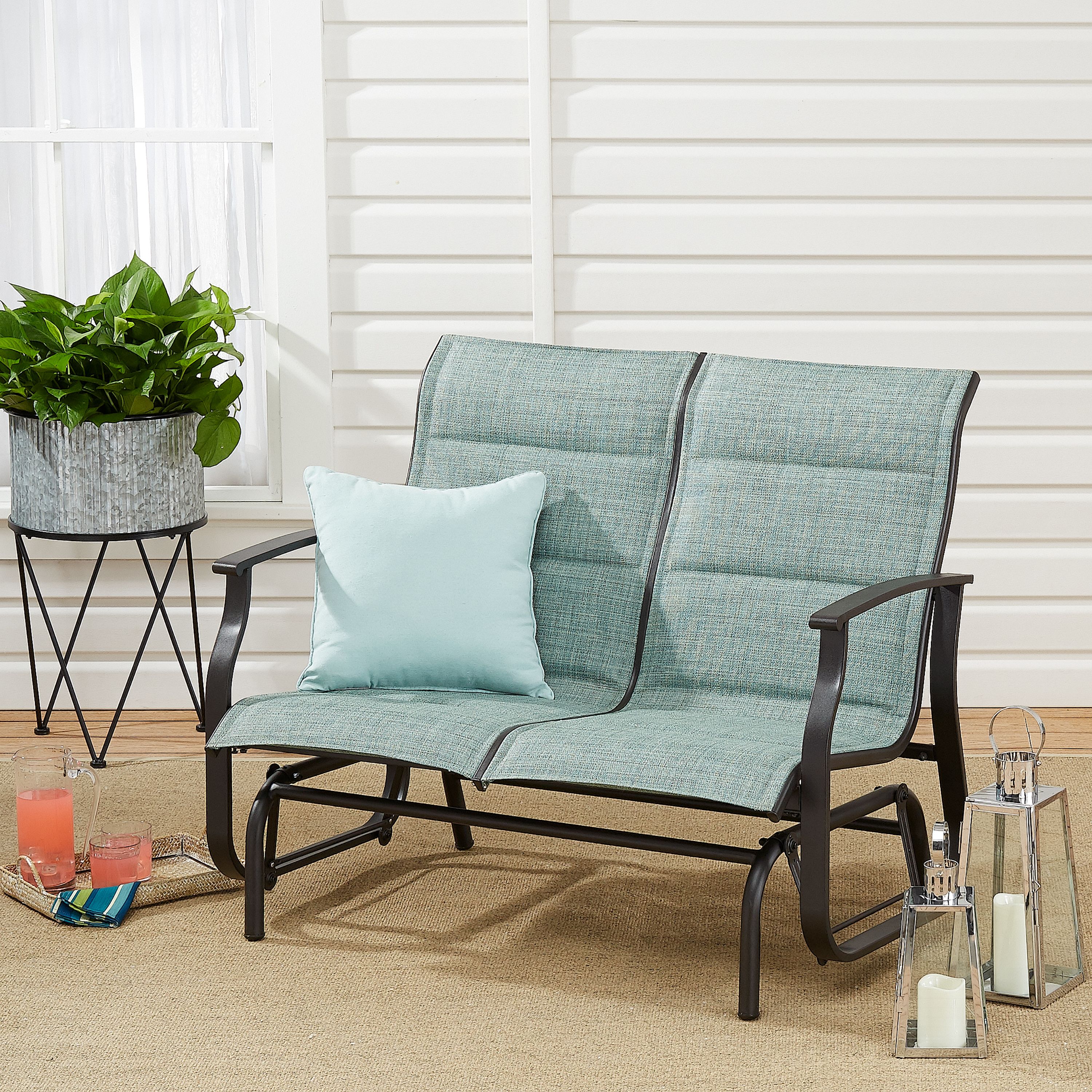 Mainstays Highland Knolls Patio Sling Mesh Glider Loveseat In Aqua Walmart Com Walmart Com