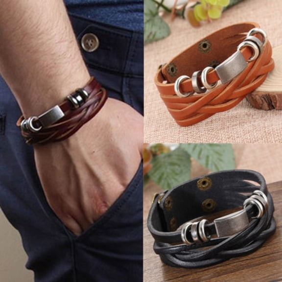 SmartBy Men Vintage Braided Faux Leather Stainless Steel Cuff Bangle Bracelet Wristband